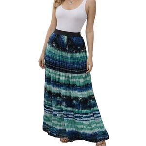 Valerie Stevens Pleated Boho Maxi Skirt Blue Green Ombre Stripe Pattern Size L